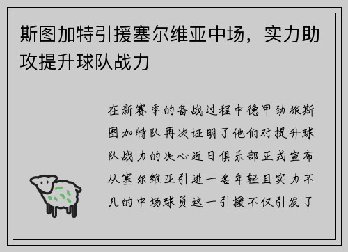 斯图加特引援塞尔维亚中场，实力助攻提升球队战力